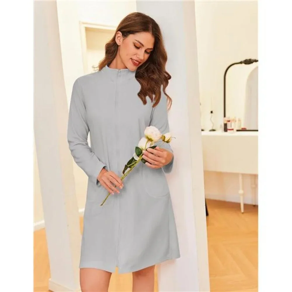 Women's Zipper Robes Long Sleeves Bathobe Soft House Coat Sleepwear - Picture 2 of 5
